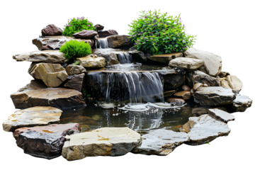 Natural rock fish pond with cascading waterfall isolated on transparent background