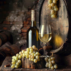 Obraz premium A bottle of white wine and a glass of wine stand on an old table, against the backdrop of oak barrels. A bottle and glass of white wine against a background of grapes and barrels in the cellar.