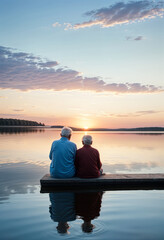 an elderly couple sitting on a dock at sunset