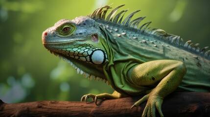 Obraz premium a green iguana perched on a branch, its scales glistening under the sun.