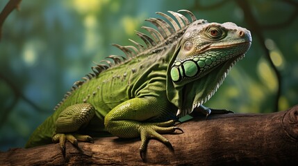 Fototapeta premium a green iguana perched on a branch, its scales glistening under the sun.