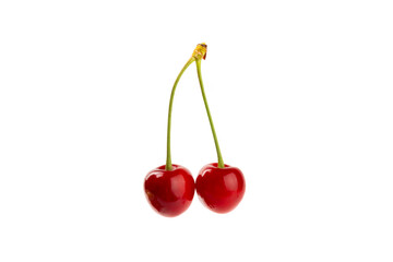 Cherry isolated. Fresh ripe cherries with leaves isolated on a white background.Sweet cherries pile. Berries and fruits. Vegan. Healthy eating.