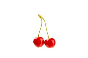 Cherry isolated. Fresh ripe cherries with leaves isolated on a white background.Sweet cherries pile. Berries and fruits. Vegan. Healthy eating.