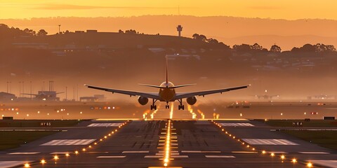 A passenger plane lands on a runway at an airport at sunset. Concept Airplane landing, Runway, Airport, Sunset, Transportation