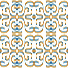 Fototapeta premium Watercolor Ethnic seamless pattern in tribal.Ikat design on paper texture in native American, Mexican, African, Tradition style.Aztec geometric folk culture art background.Boho abstract.Hand painted.