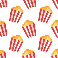 popcorn in stripped red cardboard box on white background, isolated, vector seamless pattern, flat style 