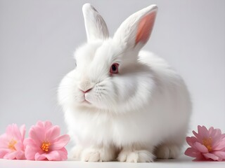 Obraz premium white rabbit with pink flowers