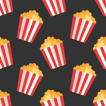 popcorn in stripped cardboard box on black background, vector seamless pattern in flat style 