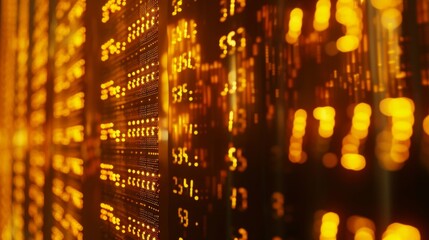 Abstract image of electronic stock ticker display with glowing numbers and blurred city lights in the background.