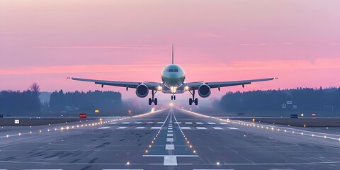 A big jet airplane landing or taking off on a runway at sunset. Concept Airplane Photography, Sunset Scenery, Aviation Themes, Runway Action, Golden Hour