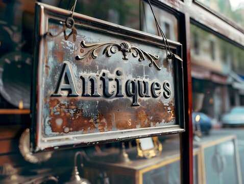 View of metal antiques sign hanging on the exterior of a vintage shop