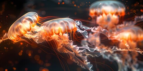 Illuminated Jellyfish in a Dark Sea: A Digital Artwork Inspired by Neural Networks. Concept Digital Art, Illuminated Jellyfish, Dark Sea, Neural Networks, Inspiration