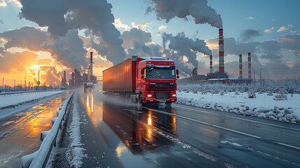 A red semi-trailer drives along a wet winter road against the backdrop of industrial smokestacks emitting steam under a cloudy evening sky.