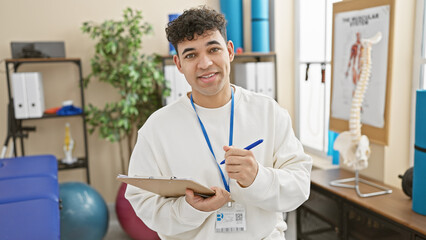 Obraz premium A young man in a physiotherapy clinic holds a clipboard, portraying an arab healthcare professional indoors.