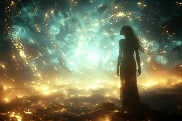woman bathed in swirling light, her hands outstretched towards pulsating energy waves emanating from them, symbolizing the law of attraction and the discovery of a dream life
