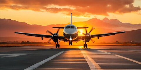 Fototapeta premium Airplane departing from scenic airport at sunset. Concept Travel Photography, Sunset Silhouettes, Aviation Enthusiasts, Airplane Spotting, Scenic Airport Views
