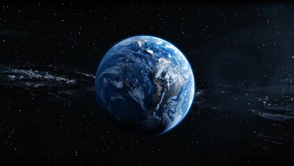 Obraz premium Hyper-Realistic Blue Earth Centered in Black Space, Surrounded by Stars.
