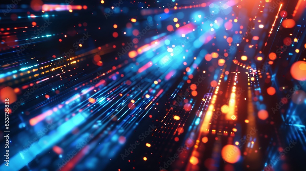 Poster dynamic digital precision background with vibrant moving lights, highlighting modern technology and 