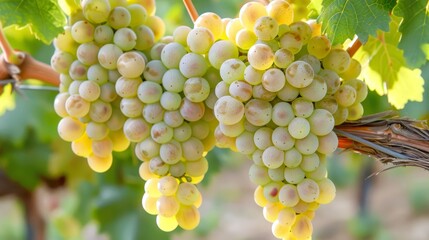 Elegant cluster of ripe white grapes in a vineyard setting, showcasing the abundance and beauty of grape cultivation. Perfect for themes of agriculture and viticulture