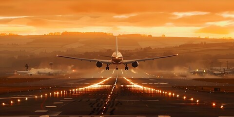A passenger plane touches down on a runway at an airport during sunset. Concept Air travel, Sunsets, Transportation, Commercial aviation, Travel photography
