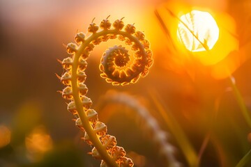 The unfolding of a fern frond in the early light of dawn