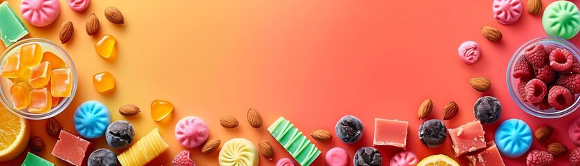 Fudge preparation background, copy space for text flat design top view theme candy making cartoon...
