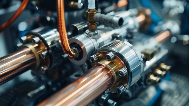 Hydraulic pump with copper tubing, integral for fluid flow control in hydraulic systems. Great for illustrating precision in industrial machinery