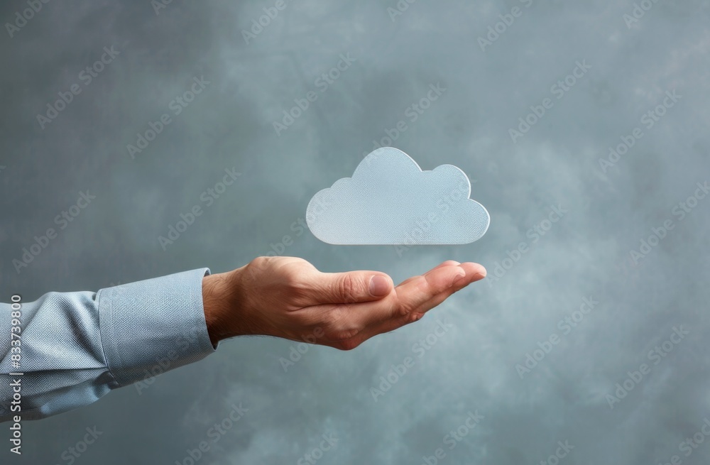 Poster hand holding cloud icon with businessman in background, depicting remote use of online services for 