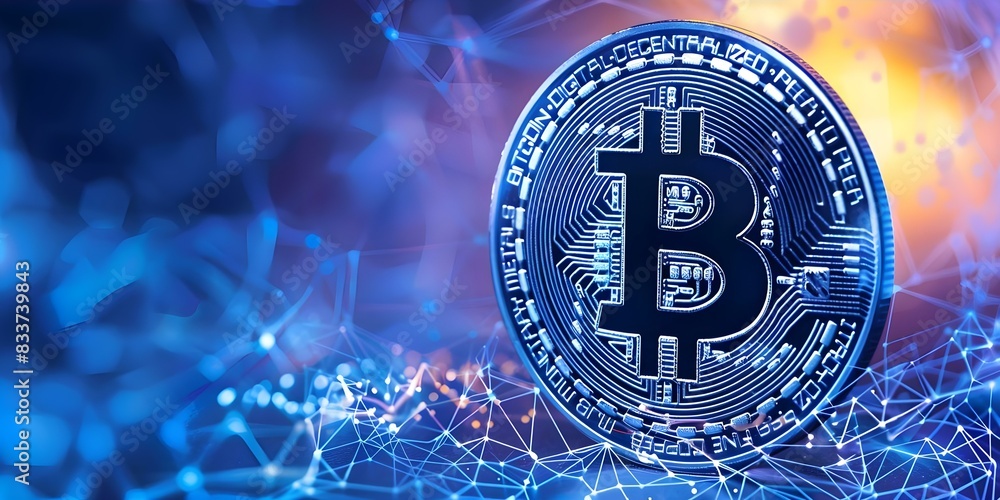 Poster bitcoin logo in blue and yellow color symbolizing blockchain technology connection. concept blockcha