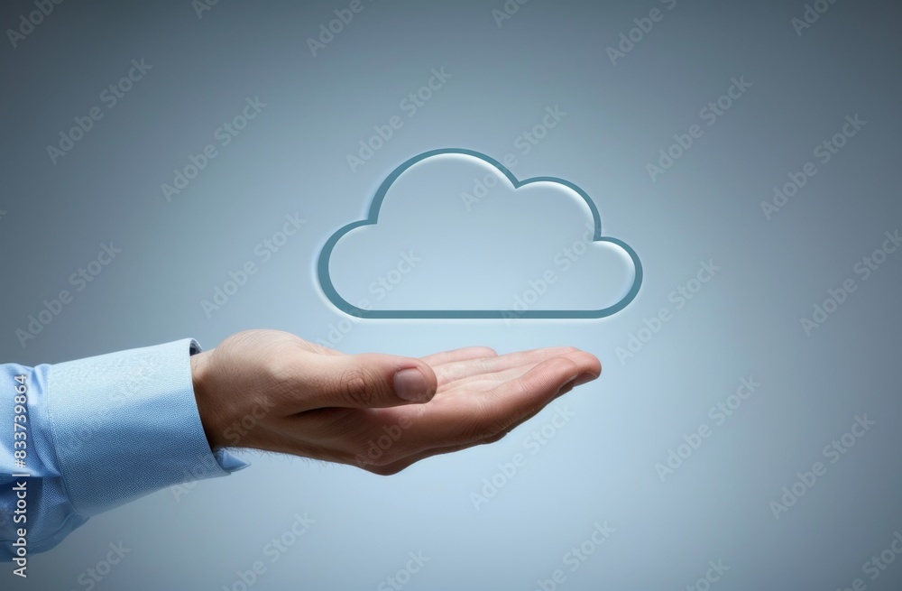 Poster hand holding cloud icon with businessman in background, depicting remote use of online services for 