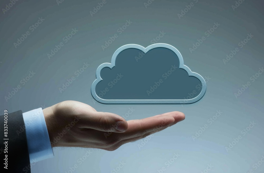 Poster hand holding cloud icon with businessman in background, depicting remote use of online services for 