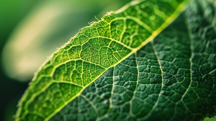 Intricate details of a green leaf in close-up, perfect for illustrating the beauty of nature. Ideal for botanical and natural imagery