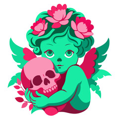 Floral Cherub and Skull Create a cherub holding a skull adorned with intricate floral patterns. Use a pastel color palette and include detailed flowers like roses and lilies wrapping around the skull