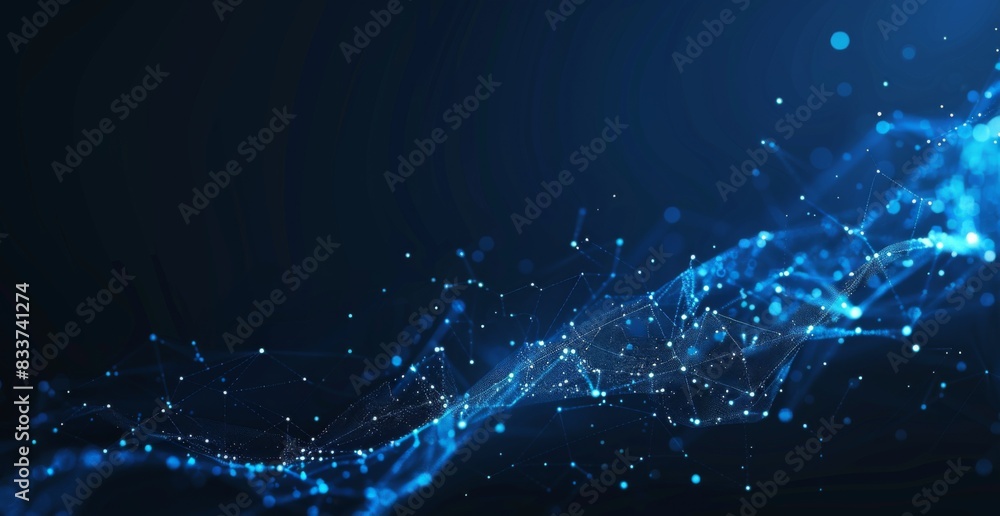 Poster abstract digital background with dark blue glow of connecting lines and stars on the right side. tec
