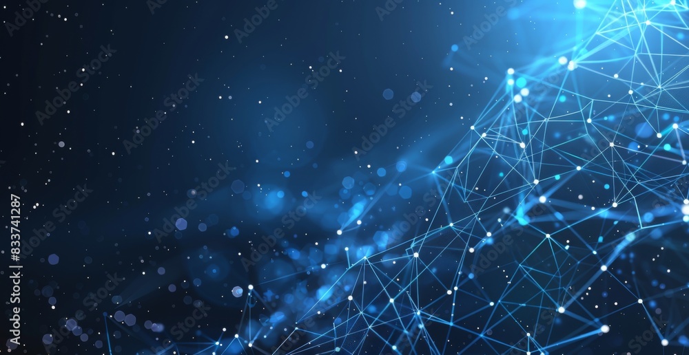 Poster abstract digital background with dark blue glow of connecting lines and stars on the right side. tec