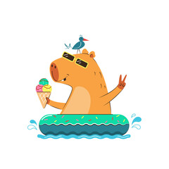 Capybara with ice cream on a swimming ring donut.Summer holiday or vacation at sea.Vector stock illustration.