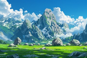 Rolling hills with mountain horizon