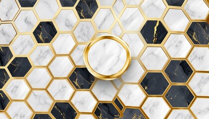 gold hexagon frame on a white black marble, background with hexagons