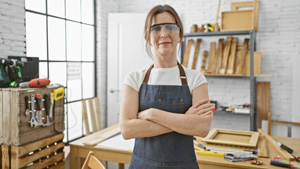 Confident middle-aged woman in apron and safety goggles stands arms crossed in a bright carpentry workshop.