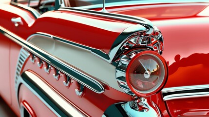 Closeup of a classic red car's rear taillight and chrome trim. - Powered by Adobe