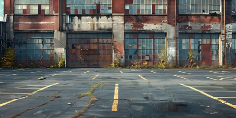 Desolate industrial parking lot in urban setting centered copy space selective focus. Concept Industrial Setting, Urban Environment, Copy Space, Desolate Location, Selective Focus