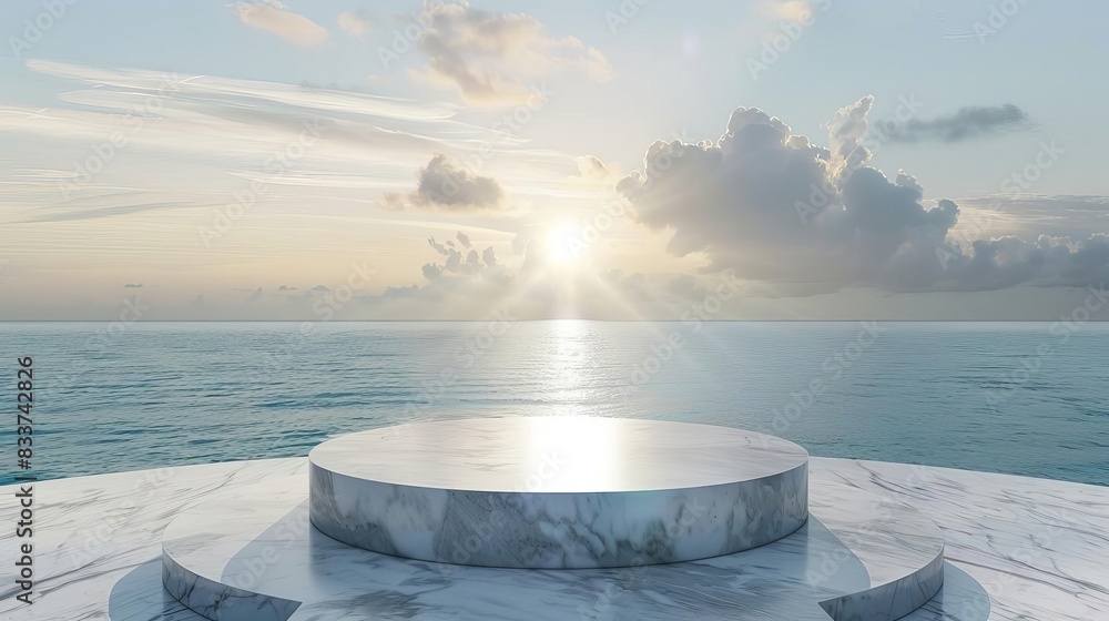 Poster abstract blurry marble podium with seaview background elegant showcase display 3d render