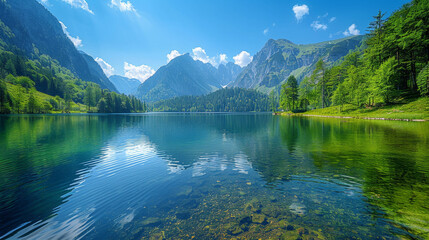 A serene mountain lake surrounded by lush greenery and towering peaks, reflecting the clear blue sky and clouds above.