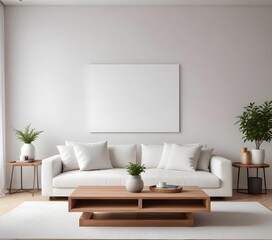 Frame mockup, ISO A paper size. Living room poster mockup. Modern interior design. Living room Interior mockup with house background. 3D render