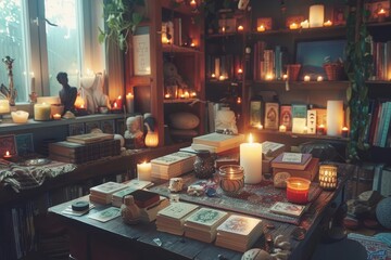 A cozy, mystical room filled with candles, books, and tarot cards, creating a warm and enchanting atmosphere for meditation and magic.