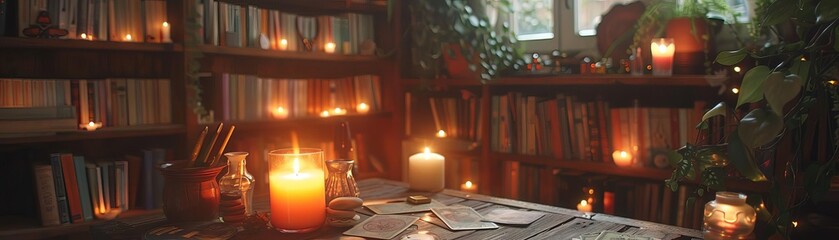 Cozy library filled with warm candlelight, books on shelves, a wooden table with candles, papers, and green plants by the window.