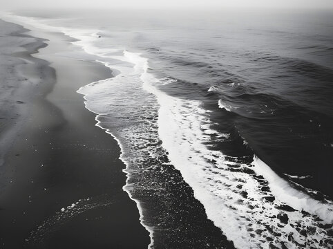 wave breaking on the beach black and white 