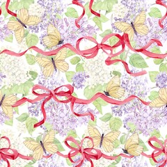 Seamless background with white and purple lilacs wrapped in pink silk ribbons. Watercolor spring flowers in botanical style. Hand drawing for printing on fabric, wrapping paper.