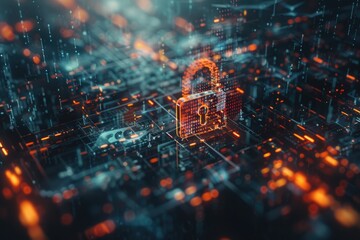 Digital communication protected by encryption and lock symbol, underlining data protection copy space information technology ethereal Double exposure abstract digital backdrop