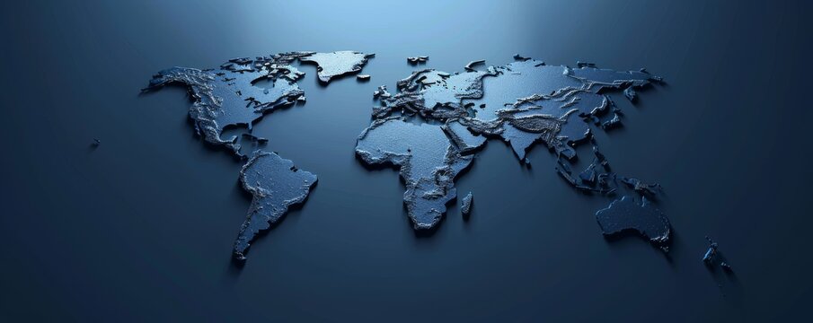 Minimalistic dark blue world map with textured continents on a dark background - Powered by Adobe